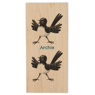 Australian Willie Wagtail cartoon personalized Wood Flash Drive
