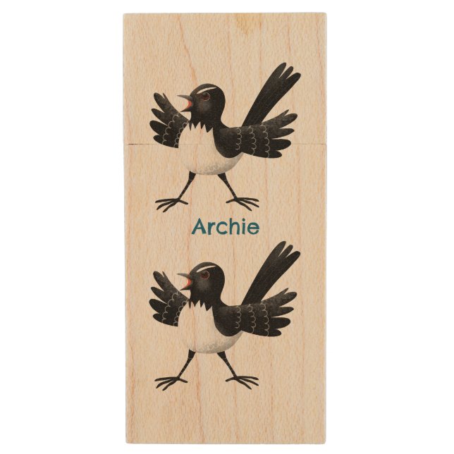 Australian Willie Wagtail cartoon personalized Wood Flash Drive (Front Vertical)