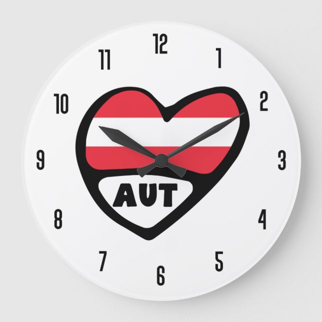 Austria Country Code AUT Flag Heart Large Clock (Front)