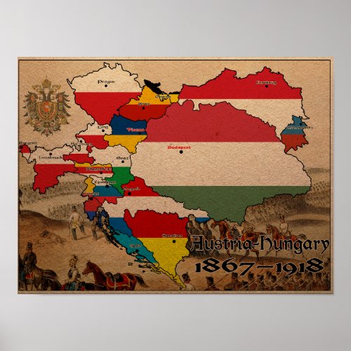Austria Hungary Flag Map Poster