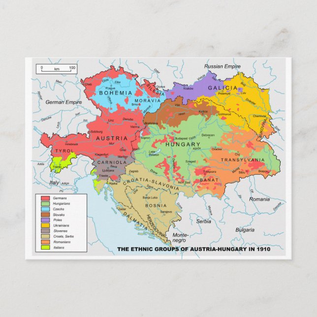 Austria-Hungary Map of Ethnic Diversity in 1910 Postcard (Front)