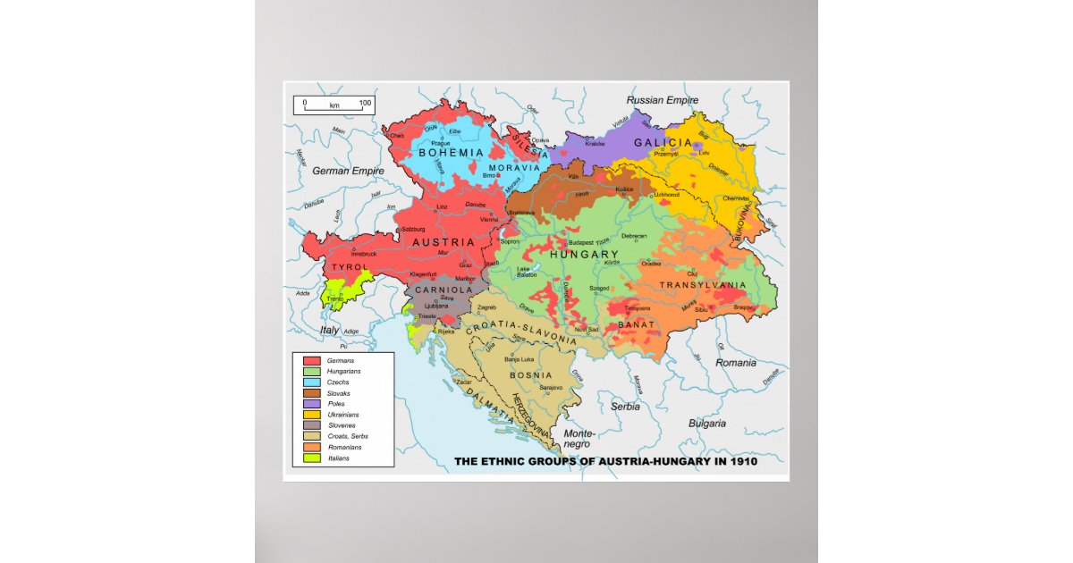 Austria Hungary Map Of Ethnic Diversity In 1910 Poster Zazzle Com