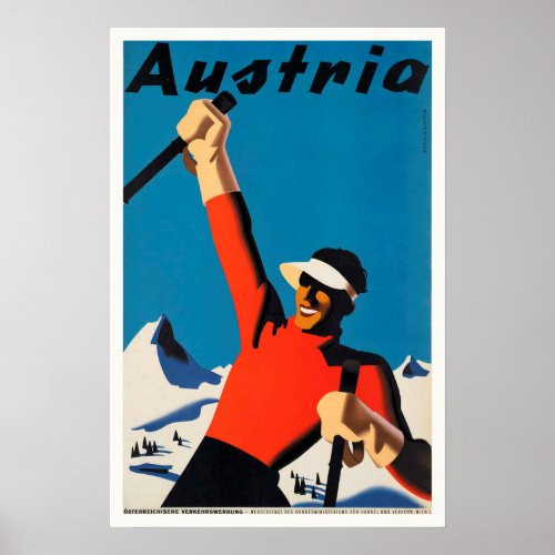 Austria Mountains Skier Travel Vintage Poster