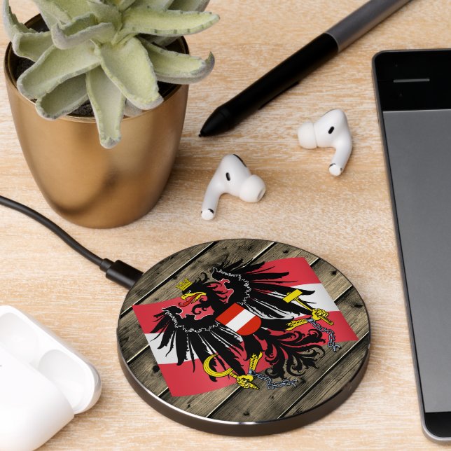 Austria Rustic Wood, Austrian Coat of Arms, flag Wireless Charger (Desk 2)