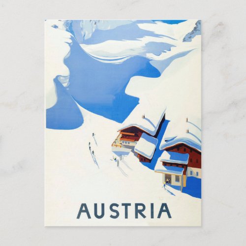 Austria ski cottage in mountains on winter postcard