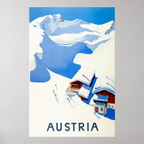 Austria ski cottage in mountains on winter poster