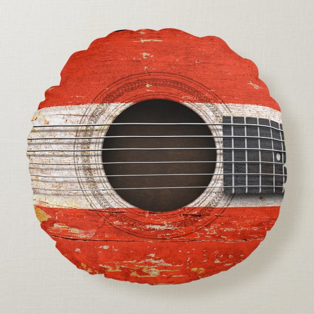 Austrian Flag on Old Acoustic Guitar Round Pillow (Front)