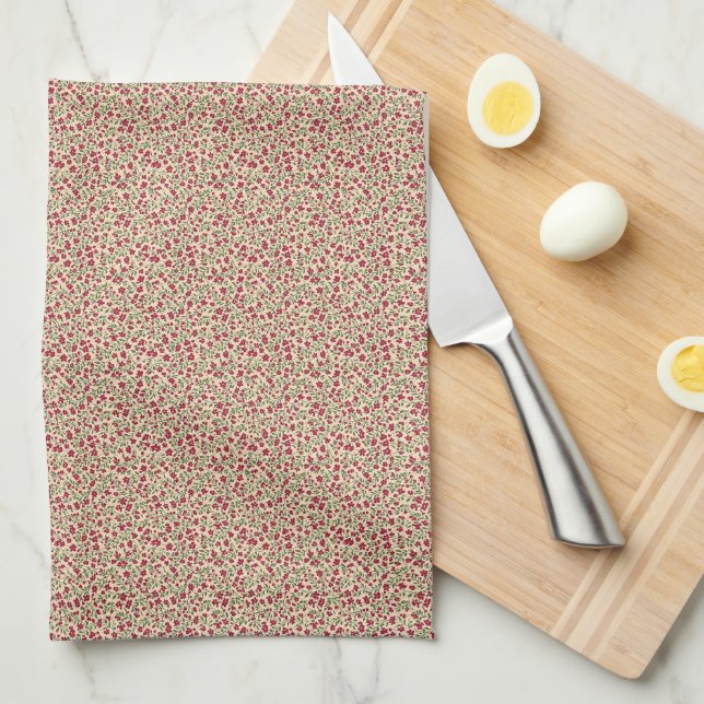 Authentic 1940s Muted Burgundy Floral Sprig  Kitchen Towel (Quarter Fold)