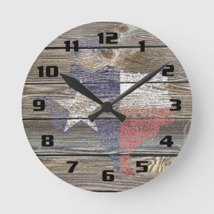 Authentic and Rustic Texas Map and Flag on wood Round Clock