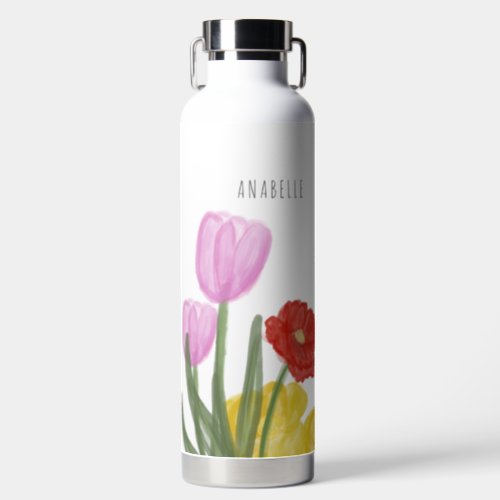 Authentic Hand Drawn Water Coloured Flowers Water Bottle