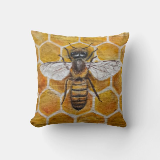 Authentic hand painted textile Honey Bee Throw Pillow (Front)