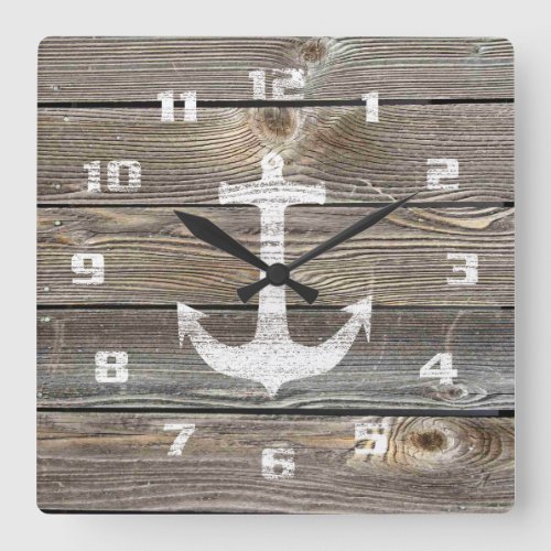 Authentic looking Wood Rustic Anchor nautical Square Wall Clock