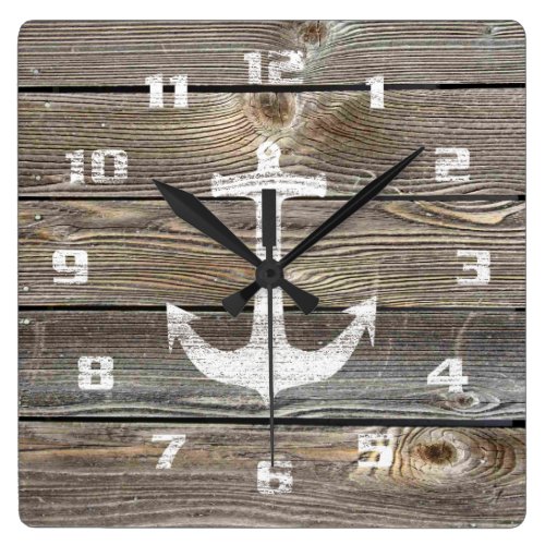 Authentic looking Wood Rustic Nautical Anchor Square Wall Clock
