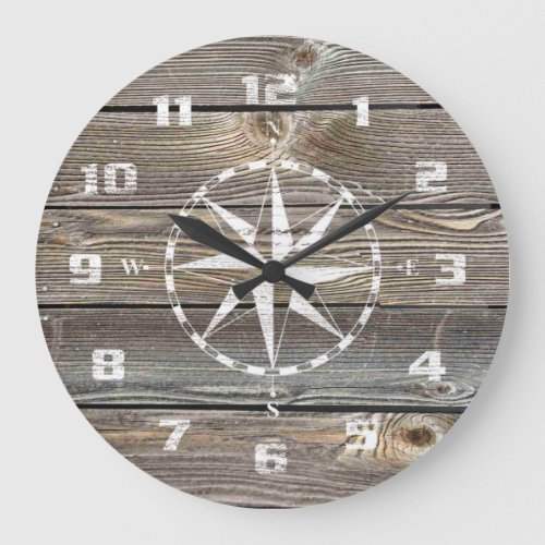 Authentic looking Wood Rustic Nautical Compass Large Clock