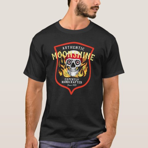 Authentic Moonshine Flaming Skull Handcrafted Fun T_Shirt