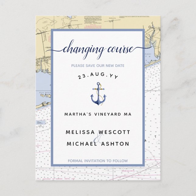 Authentic Nautical Chart Change the Date Announcement Postcard (Front)