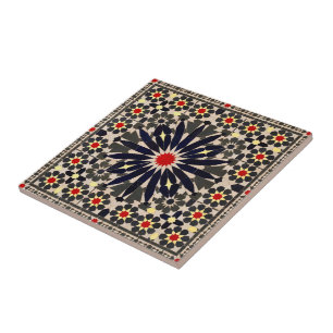 Authentic Navy Blue and Red Moroccan Zellij Ceramic Tile