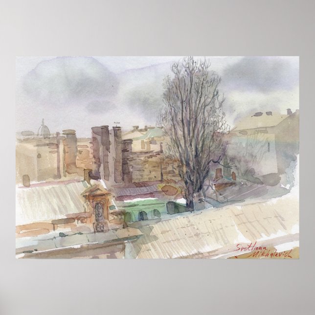 Authentic Odesa Rooftops in Spring Watercolor Poster (Front)
