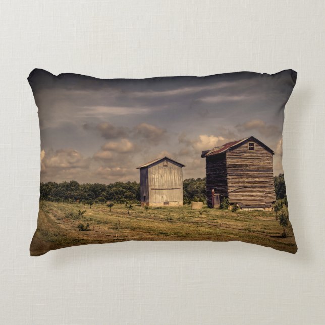 Authentic old time pair of tobacco barns. accent pillow (Front)