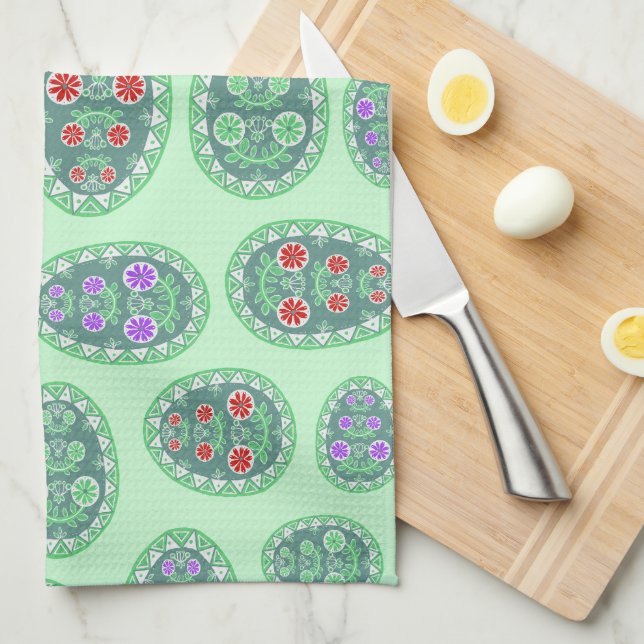 Authentic Ukrainian Folk Art Eggs Pattern Green Kitchen Towel (Quarter Fold)