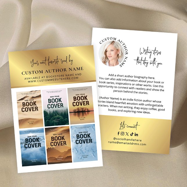 Author Book Series Photo Collage White & Gold Business Card (Faux gold author bibliography marketing business cards with 6 custom book covers and profile photo)