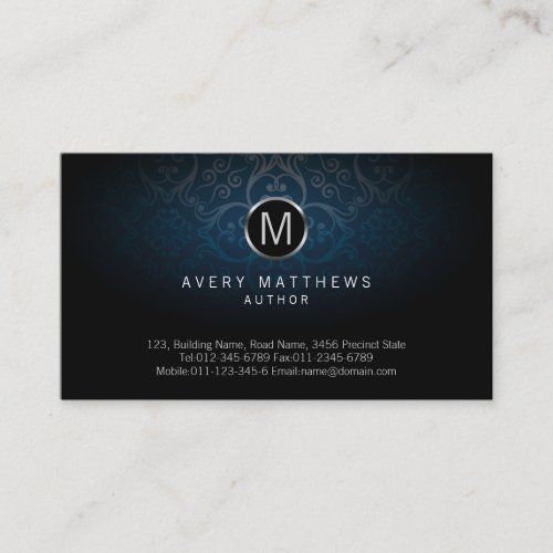 Author Elegant Circle Monogram Dark Damask Business Card