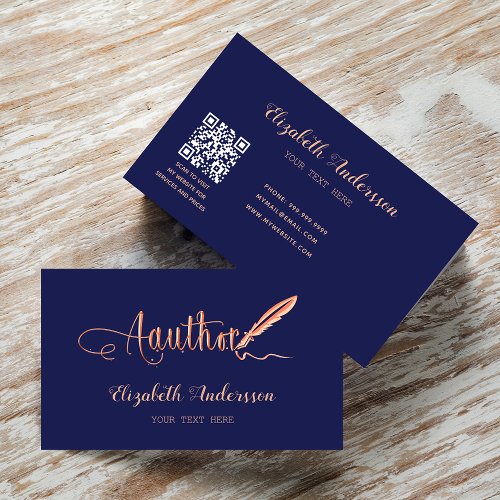 Author navy blue rose gold QR code Business Card