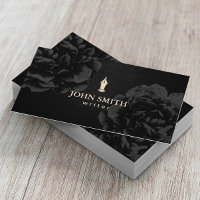 Author Writer Gold Pen Nib Elegant Black Floral Business Card