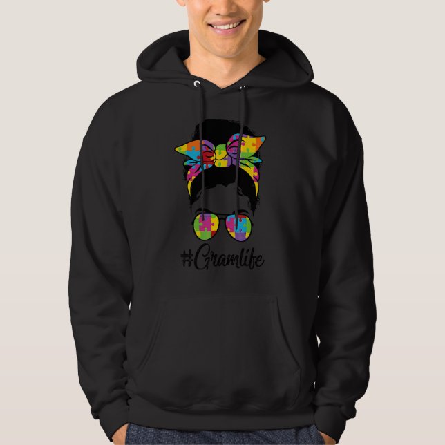 Autie Gram Life Autism Awareness Messy Bun Girl Mo Hoodie (Front)