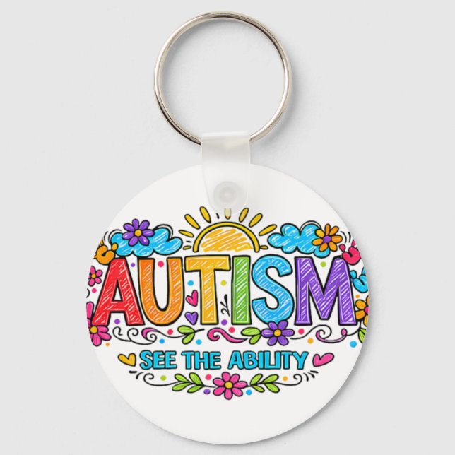 Autism Ability Love Rainbow Handprints Sun Cloud Keychain (Front)