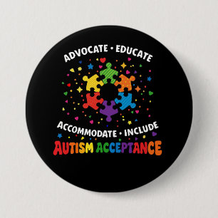 Autism Acceptance Advocate Educate Rainbow Puzzle  Button