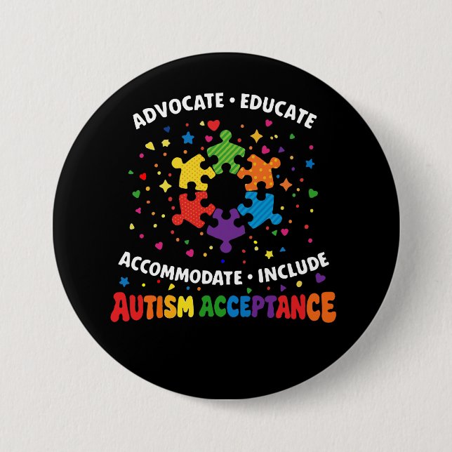 Autism Acceptance Advocate Educate Rainbow Puzzle  Button (Front)