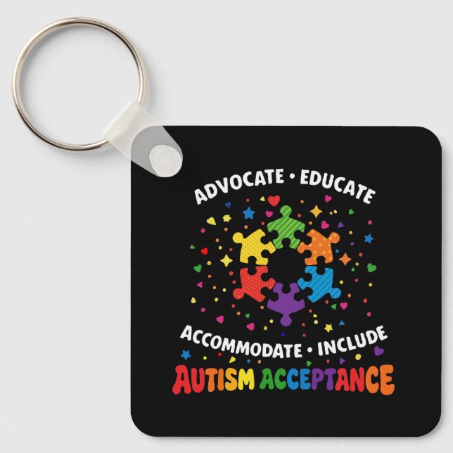 Autism Acceptance Advocate Educate Rainbow Puzzle  Keychain (Front)