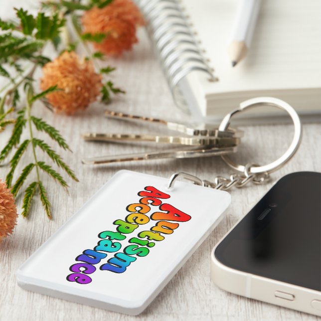 Autism Acceptance Rainbow Typography Keychain (Front Right)