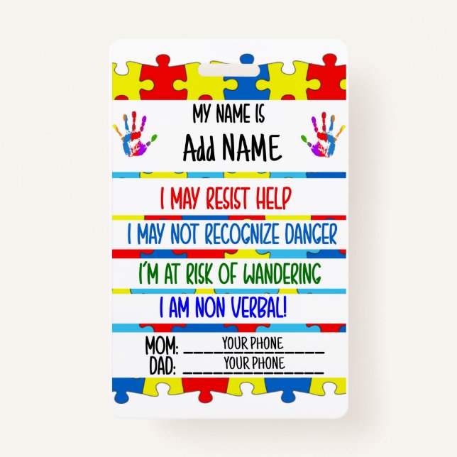 Autism Alert Nonverbal Autistic Contact Badge (Front)