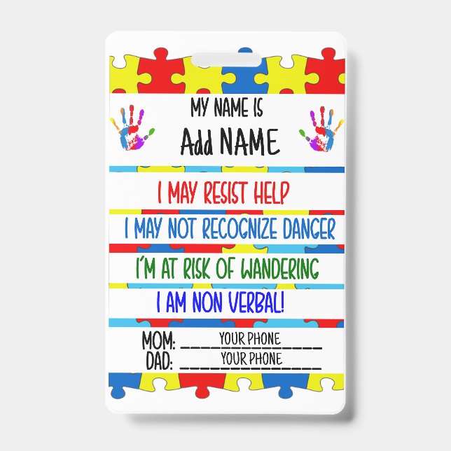 Autism Alert Nonverbal Autistic Contact Badge (Front)