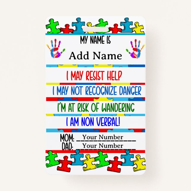 Autism Alert Nonverbal Autistic Contact  Badge (Front)