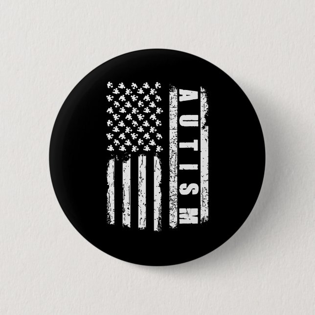 Autism  American Flag Autism Awareness Puzzle vint Button (Front)