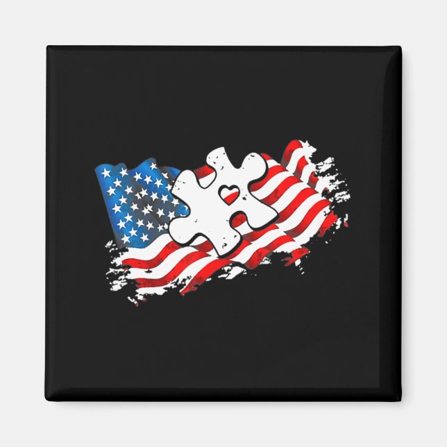 Autism American Flag  Puzzle Autism Awareness Supp Magnet (Front)
