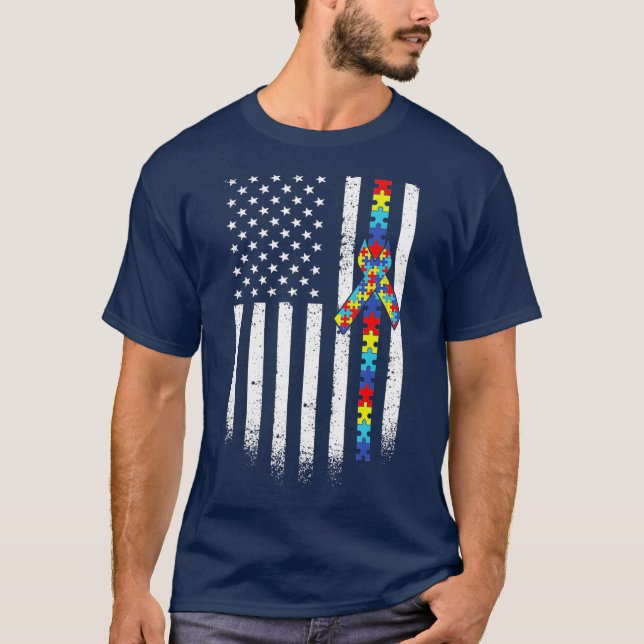 Autism American Flag Puzzle Autism Awareness T-Shirt (Front)