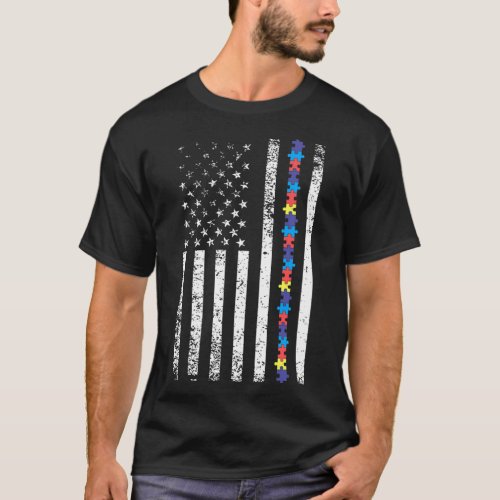 Autism American Flag Puzzle Piece Products Awarene T_Shirt