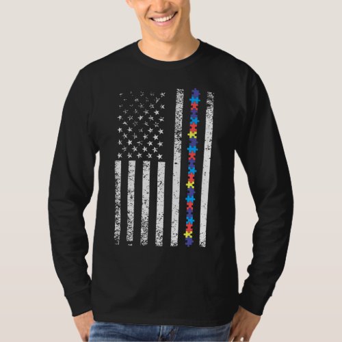 Autism American Flag Puzzle Piece Products Awarene T_Shirt