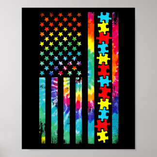 Autism American Flag Tee Tie Dye Autism Awareness  Poster