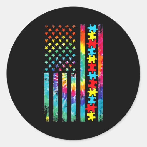 Autism American Flag Tie Dye Autism Awareness For  Classic Round Sticker