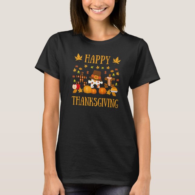 Autism ASD Awareness Puzzle Piece Autumn Happy Tha T-Shirt (Front)