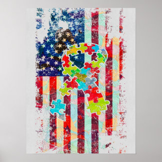 Autism Autistic American Flag Puzzle Piece Ribbon  Poster