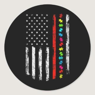 Autism Awareness 4th July Thin Red Line Firefighte Classic Round Sticker