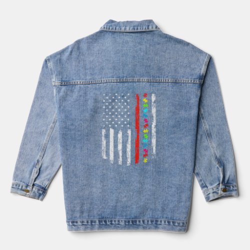 Autism Awareness 4th July Thin Red Line Firefighte Denim Jacket