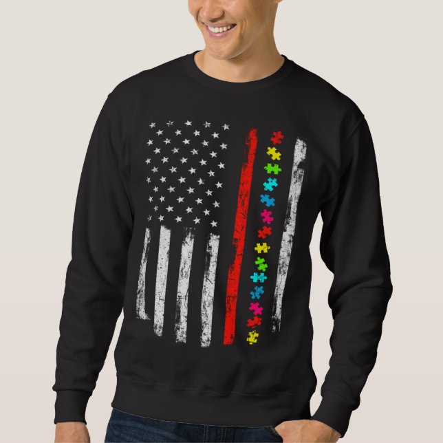 Autism Awareness 4th July Thin Red Line Firefighte Sweatshirt (Front)