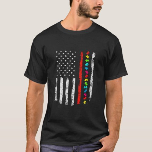 Autism Awareness 4th July Thin Red Line Firefighte T_Shirt